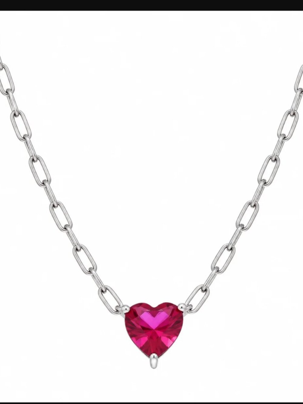 Sterling Silver 925 Rhodium Plated CZ Heart Paper Link Chain Necklace